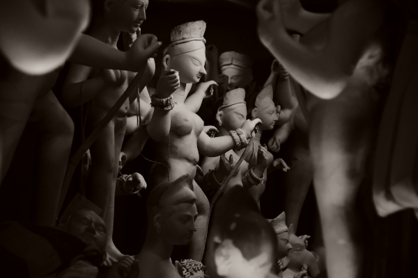 Monochromatic image of Durga idol in Kumartuli workshop. 